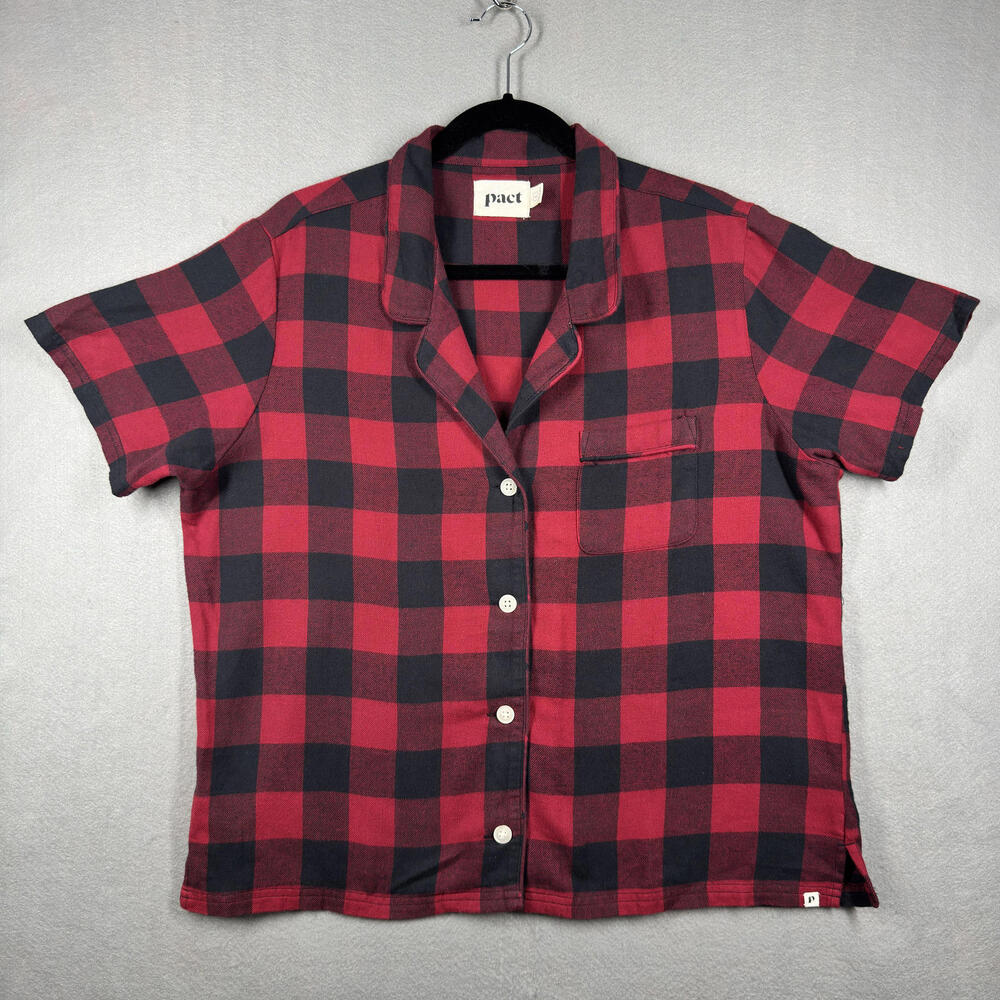 Pact Red and Black Checkered Short‎ Sleeve Button-Up Shirt, Size Large